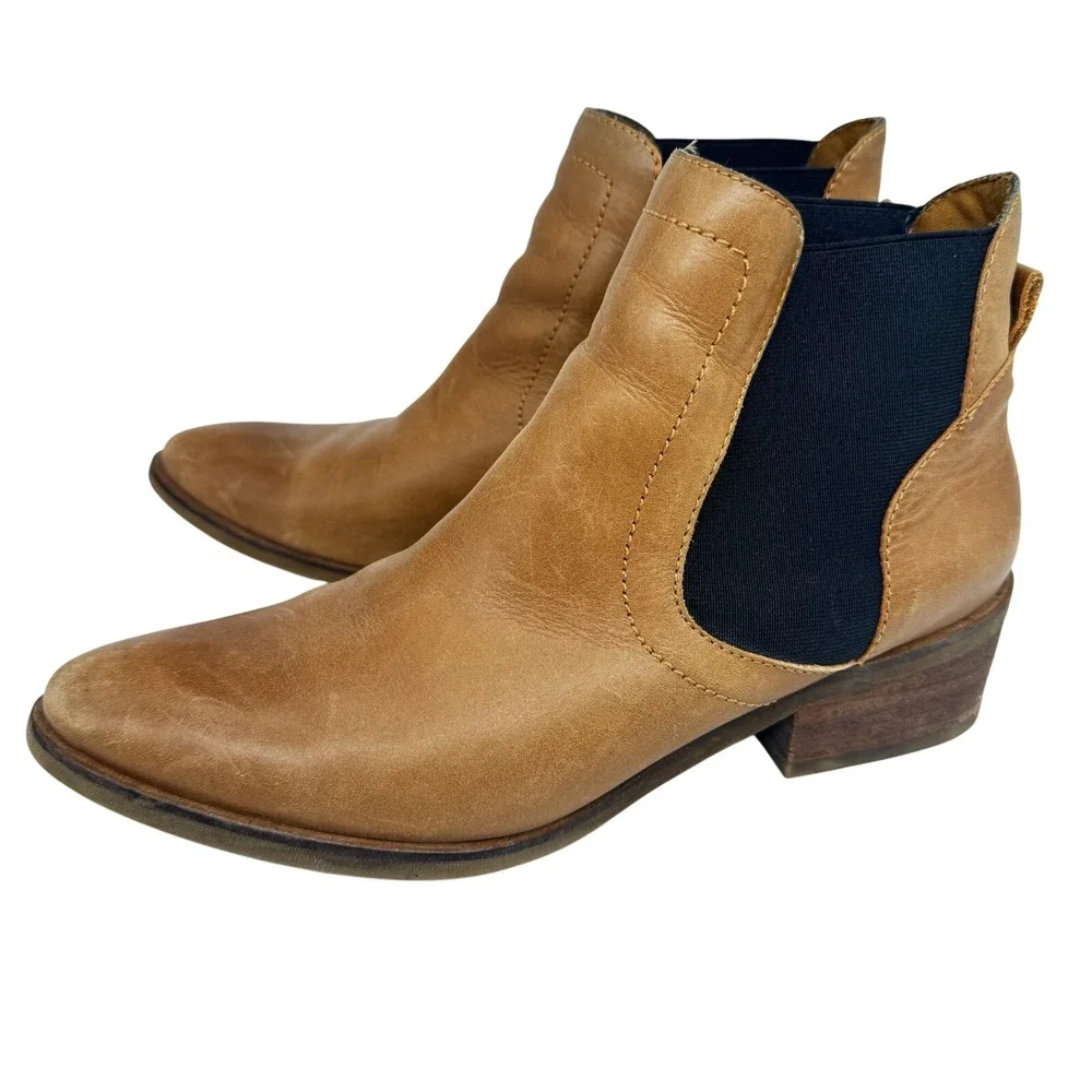 Roolee Womens Slip On Ankle Boot Size 39‎ Tan Black Elastic Side Block Heel